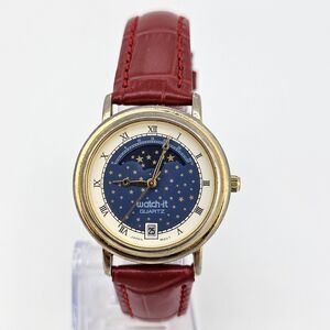 VTG Nelsonic Moonphase Women Watch 30MM Blue Dial Roman Numerals New Bands Batte